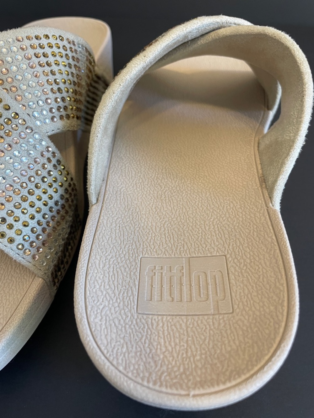 FitFlop Gold Tone “Lulu” Crystal Mix Metallic Criss-Cross Slides - Picture 7 of 16